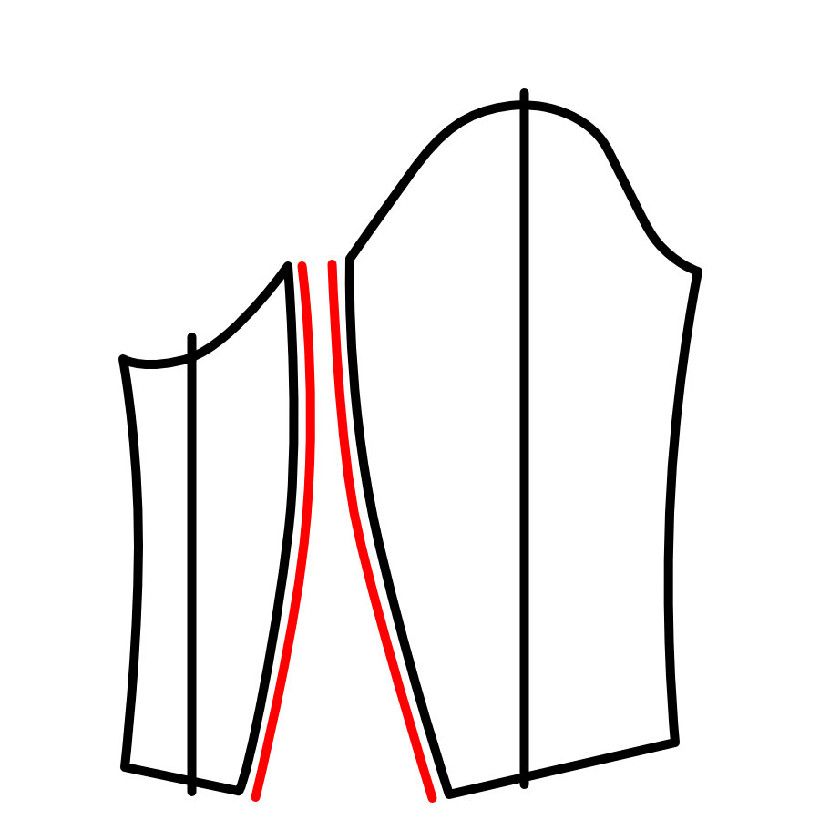 ３、赤い線の縫い目は「力のかかる箇所」にあたり、場合によっては突っ張りの原因